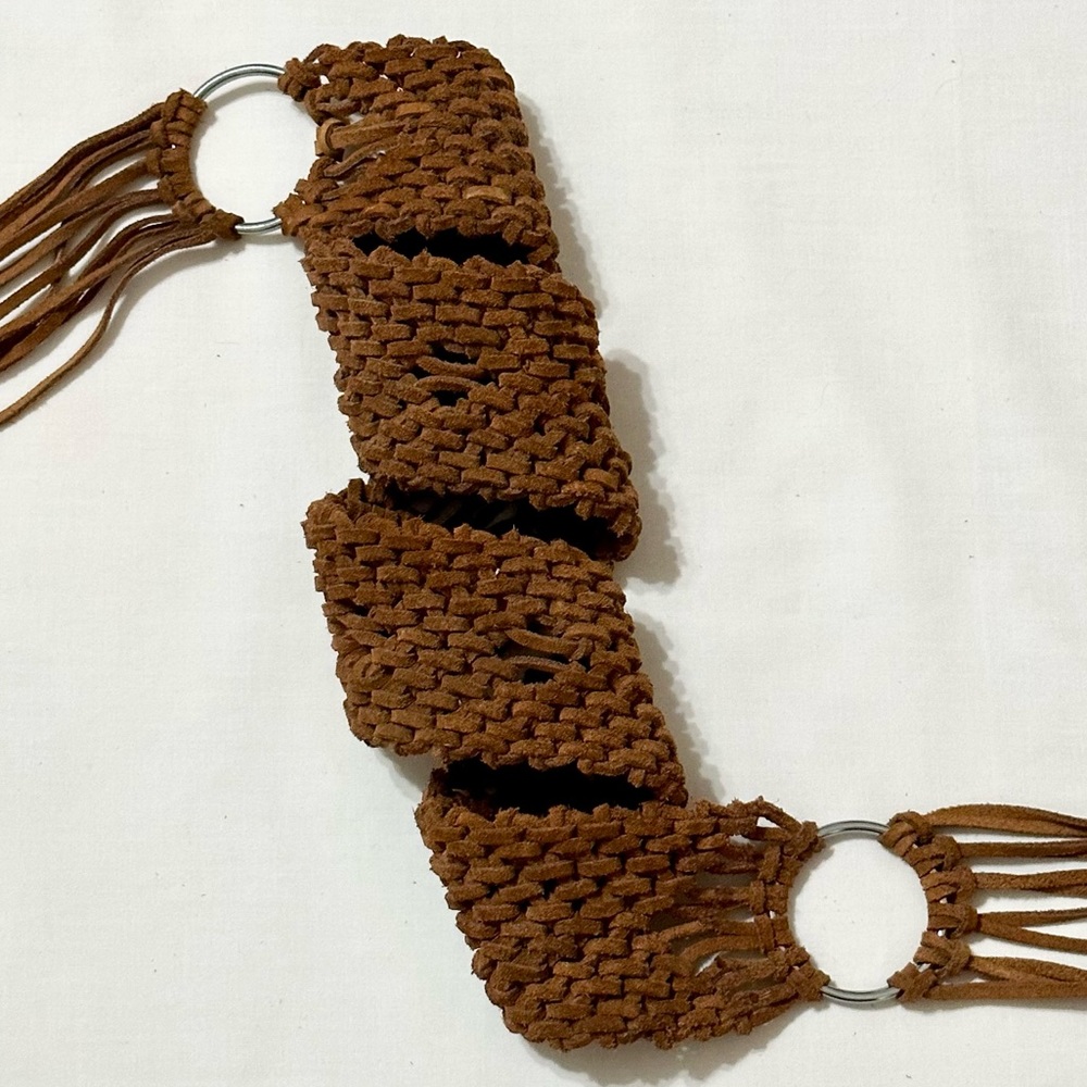 Vintage Boho Brown Suede Macrame Woven Wide Belt with Silver Rings and Fringe